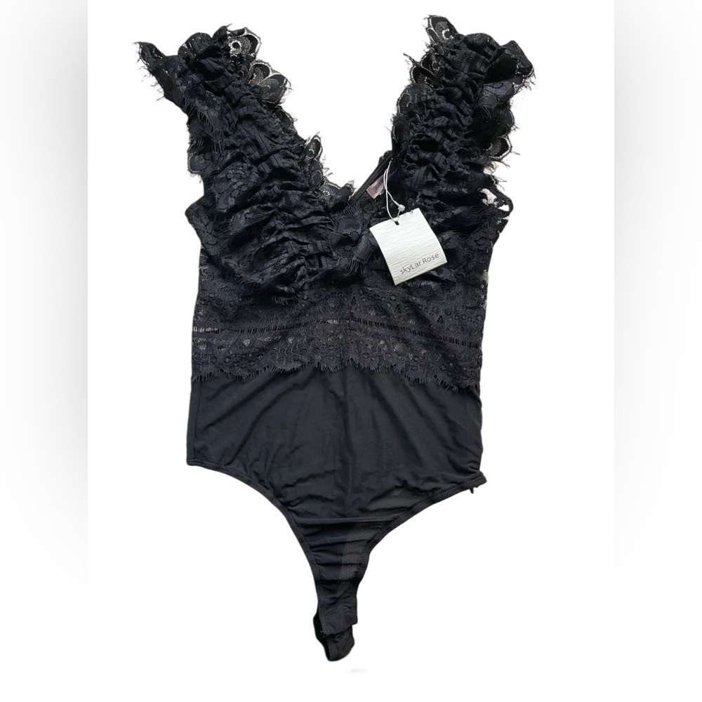 Black Lace Ruffle Bodysuit